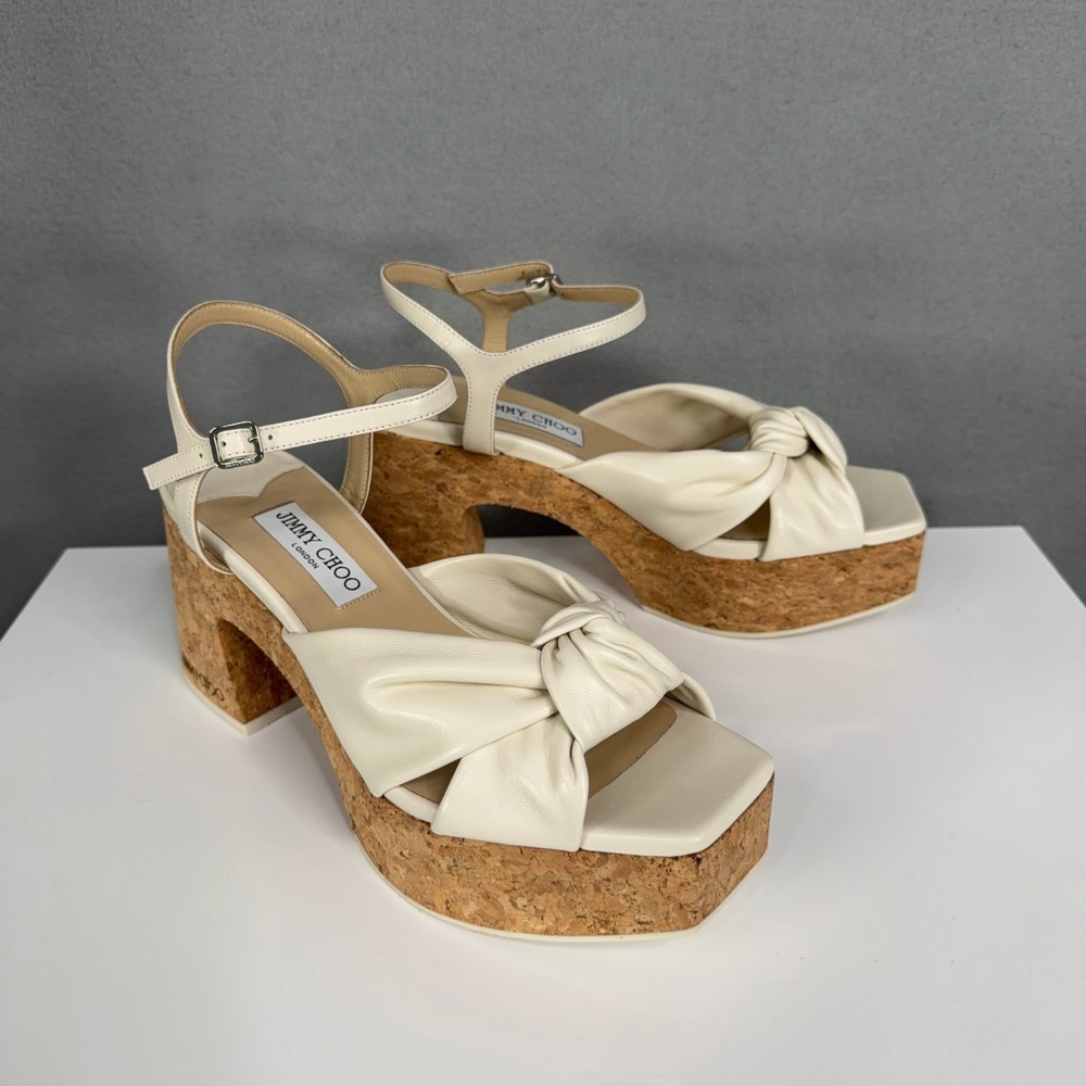 Jimmy Choo Sandals Womens Size 39.5 Heloise Wedge 95 Leather Cork Platform